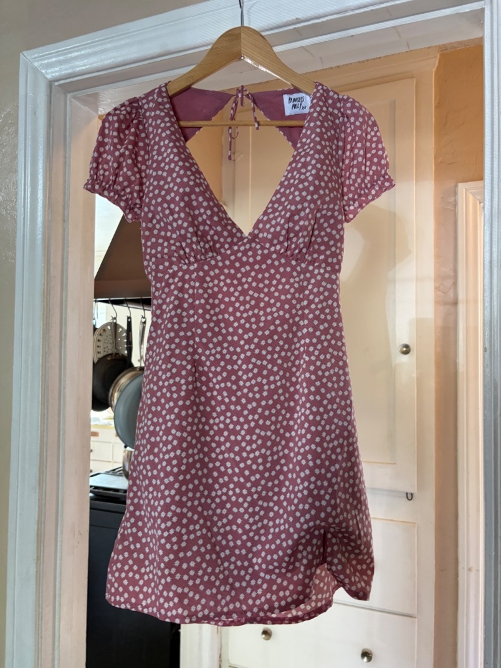 Princess Polly Pink Floral Mini Dress – US 4  | Open Tie-Back | Puff Sleeves